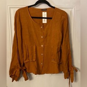 NWT SAGA 100% Pure Flax Linen Lagenlook Burnt Orange Top